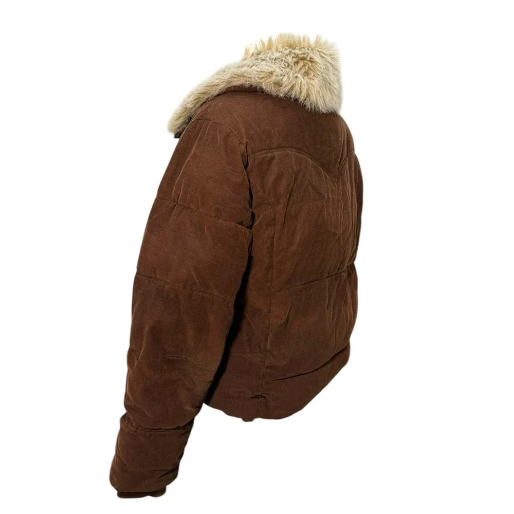 Vintage Y2K Corduroy Puffer Jacket Faux Fur Coat Women XL Chocolate Brown Sherpa